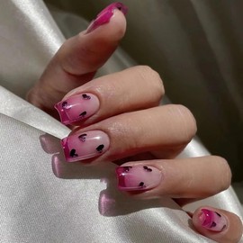 BABALAL Valentine's Day Press on Nails Medium Square Fake Nails Pink Red Heart Acrylic Nails Love Heart Designs Squoval French Tip Full Cover Stick on Nails Glue on Nails 24Pcs Nails Press ons