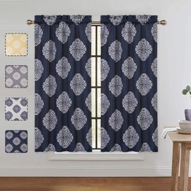 CAROMIO Cafe Curtains 45 Inch Length, Floral Medallion Damask Print Linen Blended Tier Curtains for Kitchen Cafe Bathroom Window Curtains, Dark Navy