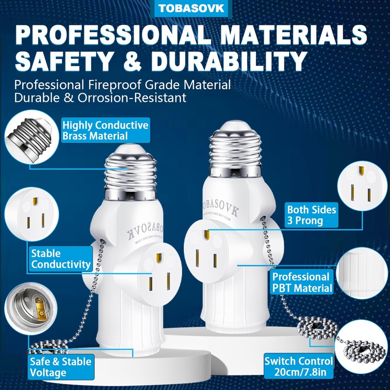 2 Packs Tobasovk Light Socket to Plug Adapter, 3 Prong