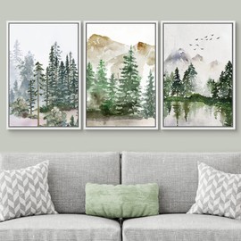 SIGNWIN Framed Canvas Print Wall Art Set Pastel Mountain Range Forest Mist Nature Wilderness Illustrations Modern Art Decorative Rustic Calm/Zen for Living Room, Bedroom, Office - 24"x36"x3 White