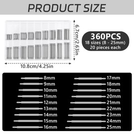 HO-SFSM 360 Pieces Watch Strap Pins Spring Bars Tool, 18 Sizes Pins for Watch Strap Watch Pin for Repairing Watches, Length 8 mm to 25 mm, silver