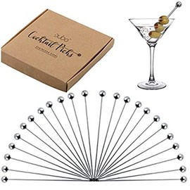 Premium Stainless Steel Cocktail Picks - 24 Pack / 4 Inch - Cocktail Skewers for Drinks