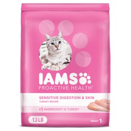 IAMS Proactive Health Adult Sensitive Digestion & Skin Dry Cat Food with Turkey, 13 lb. Bag