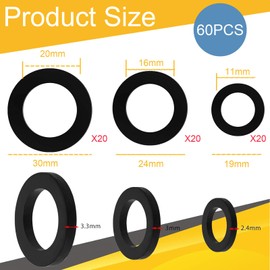 60 Pieces Flat Seal Rubber Set, Rubber Washers 10/12/16/20 mm Sanitary Rubber Seal Round for Tap Repair Bathroom Kitchen Appliances (Black)