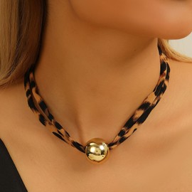 Scarf Necklace with Charm Conch Shell Accent Leopard Choker Necklaces Bandana Charm Necklace Jewelry for Woman Boho Statement Summer Accessories