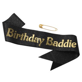 Birthday Baddie Sash, Soft Glitter Sash with Safety Pin for Women Men Party Decoration Accessories (Black & Gold)