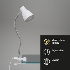 BRILONER Leuchten LED Clamp Light Desk Clamp Lamp with On/Off Switch on Cable 3.5 Watt 200 Lumen Warm White Light Flexible Arm White 28.5 x 15.5 cm