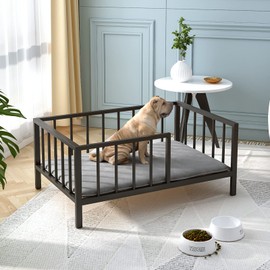 OSCHF Dog Bed with Rails - Elevated Pet Metal Bed Frame with Solid Wood Board and Washable Soft Mat for Medium Dog Indoor or Outdoor Use, 25.2" x 37.8", Black