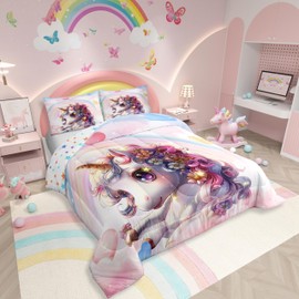 Erosebridal Unicorn Queen Bedding Sets for Girls 3 Piece Rainbow Unicorn Comforter, Cute Cartoon Unicorn Quilt Comforter for Kids Boys Unicorn Room Decor