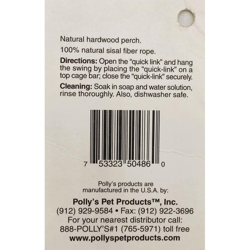 Polly's Hardwood Arch Swing for Birds, Large