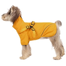 Dog Raincoat with Harness for Small and Medium Dogs, Waterproof Puppy Dog Rain Jacket with Reflective Strips (Yellow, L)