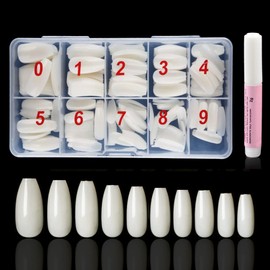 500 Pieces Round Ballerina Full Cover Nails (Natural) with Storage Box and 2g Glue, Beauties Factory Natural Ballet False Nail Tips in 10 Sizes (Size 0-9) for Nail Salons DIY Extensions Design