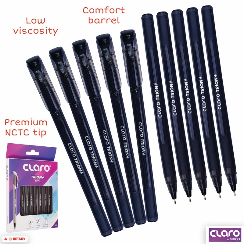 CLARO Trion+ Ballpoint Pens, BLACK, Medium Point (1.0mm), Pack of