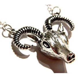 Goat Head Pendant Necklace Baphomet Aries Capricorn Silvertone Big Horn Sheep Ram
