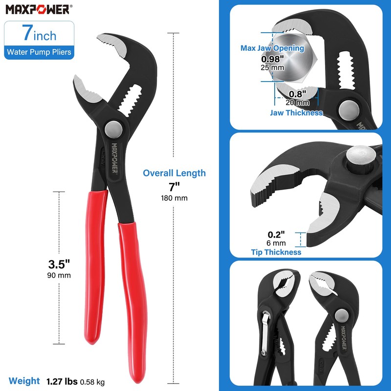 MAXPOWER 7 inch Water Pump Pliers, with 0.98 inch Jaw