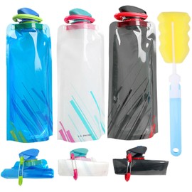 TAKUZA Foldable Drinking Bottle, Pack of 3, Unisex Adult 700 ml Drinking Bottle, Foldable, Festival Drinking Bottle, Foldable Water Bottle, Reusable, with Removable Cleaning Brush, for Festival,
