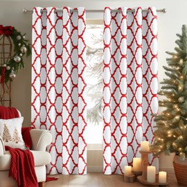 Melodieux Moroccan Printed Room Darkening Blackout Grommet Curtains for Bedroom Living Room, 42 by 72 Inch, Off White/Red (2 Panels)