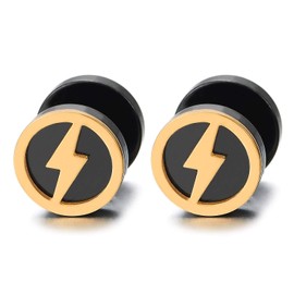 Steel Black Gold Lightning Bolt Circle Stud Earrings for Men Women, Cheater Fake Ear Plugs Gauges(CA)