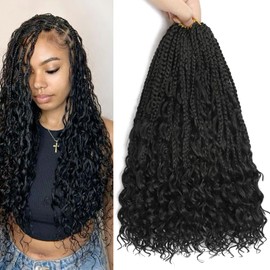 18Inch Goddess Box Braids Crochet Hair 8 Packs Pre-Looped Bohemian Braiding Hair with Curly Ends Synthetic Crochet Hair for Women (1B, 18 Inch (Pack of 8))