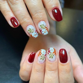 RIICFDD 24 Pcs Fall Nails - Square, Press On, Glue On, Full Cover, Artificial, Wine Red, Flower Leaf, Autumn Designs for Women & Girls