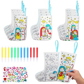 ZEELONA 12 Pack DIY Christmas Stocking Kit Color Your Own Nativity Christmas Stocking Crafts for Kids and Adults Jesus Religious Christmas Party Supplies Fireplace Xmas Tree Ornaments