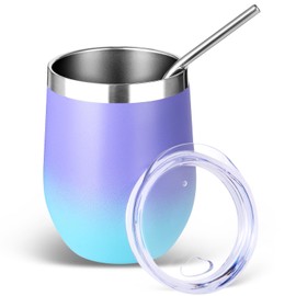 Volhoply 12oz Stainless Steel Wine Tumbler with Lid and Straw,Double Wall Vacuum Insulated Stemless Wine Glasses,Reusable Travel Coffee Mug for Cold Drinks,Tumblers Gifts for Women（Purple Bule,1 Set）