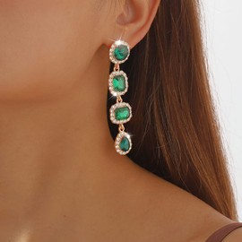 Vcagirest Vintage Geometric Rhinestone Earrings Drop Dangle Earrings Elegant Long Statement Earrings for Women Wedding Prom Ball Jewelry (Green)