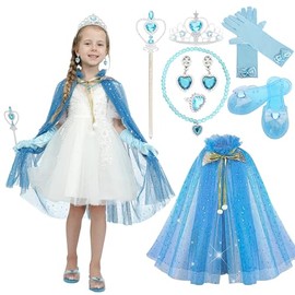 Sincere Party 11pcs Girl's blue tulle cape princess cape with plastic jewelries and plastic shoes costume set gift for girl's 3-8years