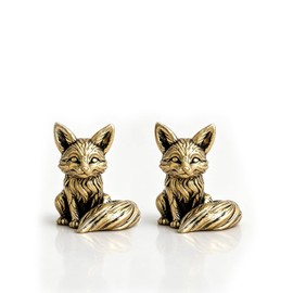 2pcs Vintage Brass Fox Figurine - Elegant Desk Ornament for Office & Solid Copper Tea Pet Craft
