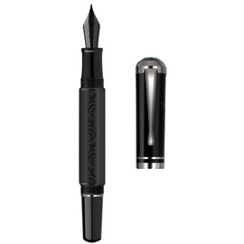 Majohn P138 Piston Fountain Pen Extra Fine Nib, Black Octahedral Etching Pattern Writing Pen with Box Set (Round Pen Cap Version)