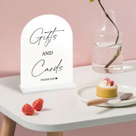 CEUQIESO Acrylic Cards and Gifts Sign with Stand, 5x7 inch White Arched Wedding Table Signs and Base, 1/8" Thick Arch TableTop for Wedding Reception & Event Party Table (White, Cards and Gifts Sign)