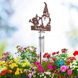 JUJOYBD Decorative Rain Gauge for Garden Metal, Rain Gauge with Ground Spike 100 cm, Rainwater Meter Glass Garden Stake & Welcome Sign, Christmas Gnome for Balcony Patio