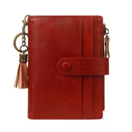 Blucoay Leather Wallet Women,RFID Blocking Small Wallet for Women Compact Card Holder Bifold Tassel Wallet with Zipper Coin Pocket Red