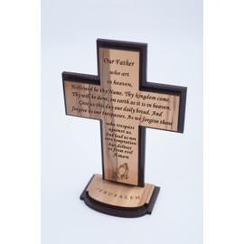 The Lord’s Prayer Wood Standing Table/Altar Cross (5.5 Inch English) - KJV Scripture Matthew 6:9-13, Engraving of 'Our Father Prayer' on Wooden Blocks
