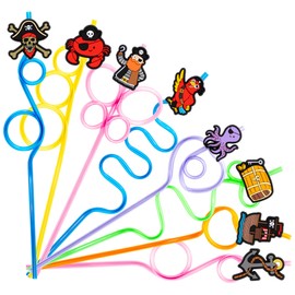 24 PCS Pirate Drinking Crazy Straws for Kids | Pirate Themed Birthday Party Supplies Favors Decorations with 24 PVC Charm, 2 Cleaning Brushes Reusable Straw