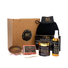 Moroccan Hammam Spa Set: Black Soap with Aker Fassi (Poppy Petal & Pomegranate Peel), Kessa Exfoliating Glove, 75ml Pure Argan Oil, Aker Fassi Brightening Soap Bar, Exfoliating Pouch & Aker Fassi Tint