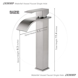 Vessel Sink Bathroom Faucet, JXMMP Brushed Nickel Single Hole Waterfall Sink Faucet with Supply Hose and Pop Up Drain, Tall Waterfall Faucet for Bathroom Sink, JXM1221BN
