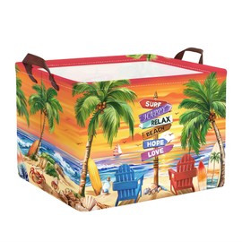 Clastyle Summer Beach Towel Storage Basket Palm Tree Lounger Kid Gift Toy Box Baby Laundry Hamper Collapsible Large Clothes Organizer Nursery Bin for Outdoor, Seashores, 40 * 30 * 30 cm