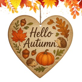 1 Pcs Hello Autumn Decorations, Wooden Heart Hanging Plaque Printed Oak Leaves, Pumpkin, Hedgehog, Autumn Sign Accessories for Thanksgiving, Wooden Cards for Thanksgiving Day Decorations Gifts