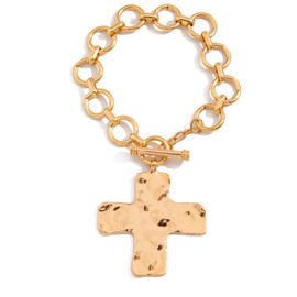 Quivox Exaggerated Hammered Cross Bracelets,Vintage Plated Gold Chunky Crucifix OT Clasp Bangle,Aesthetic Big Cross Toggle Statement Bangle for Baptism (Gold)