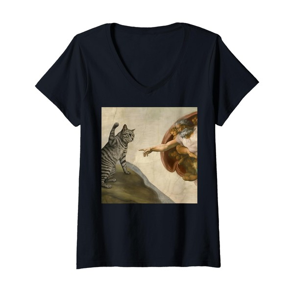 Womens Funny Cat Meme in Creation of Adam Parody V-Neck