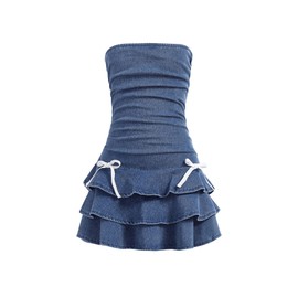 Milumia Girl's Ruched Denim Tube Dress Bow Knot Tiered Layered Short Dresses Medium Wash 10 Years