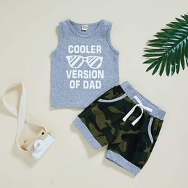 BOVOSHA Baby Boy Clothes Kids Summer Outfits Toddler Letter Print Tank Top + Camouflage Shorts Set (Grey, 12-18M)