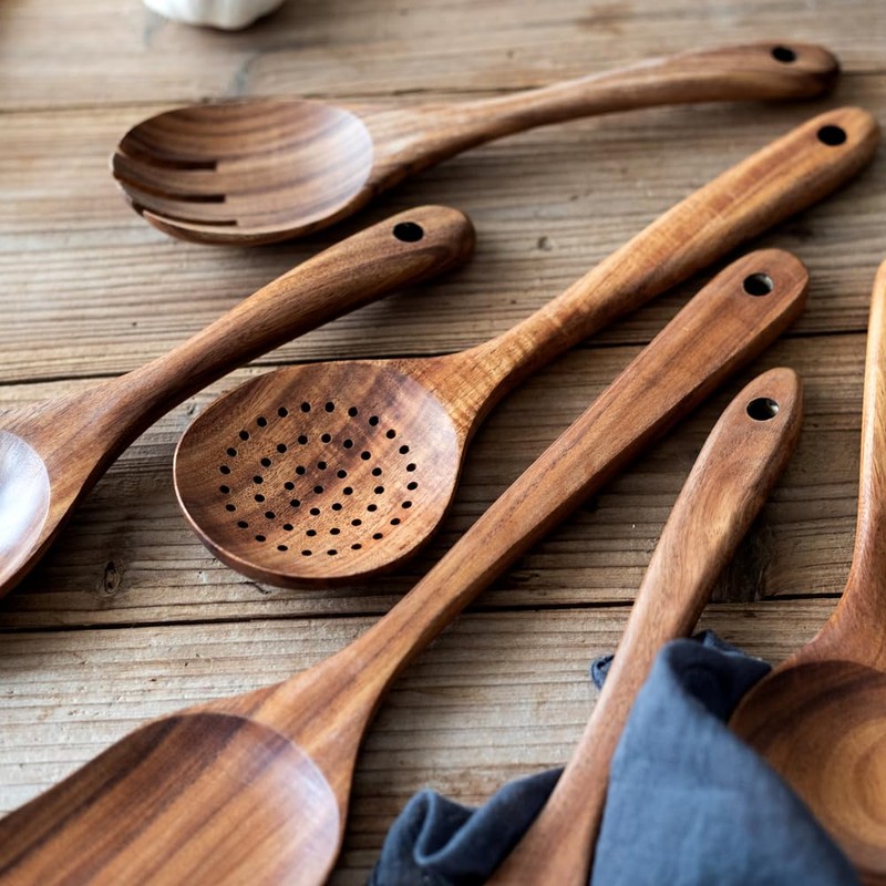 Natural Teak Wood Cooking Utensils, Wooden Spatula Set with Paddle,