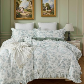 Brandream French Country Garden Toile Floral Printed Duvet Quilt Cover King Size 100% Cotton Bedding Set Vintage Green Toile Tapestry Pattern Blossom Tree Branches Delicate Ruffle Fringe Design