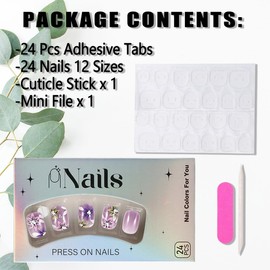 KTAABTR Nails Purple Press on Nails Short Round Nails Flowers Fake Nails with Design Glossy Acrylic Nails Supply Full Cover False Nails Stick on Nails for Women Girls DIY 24Pcs Reusable Nails Kit