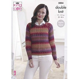 King Cole Ladies Double Knitting Pattern Womens Raglan Sleeve Lacy Round or V Neck Sweater (5004)
