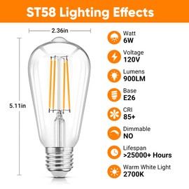 WIHTU LED Filament Light Bulbs, Bright Vintage 6W LED Edison Bulbs 60W Equivalent, St58 2700K Warm Light Bulbs with CRI 85+, E26 Standard Base, 900LUM, Non-Dimmable, Clear Glass, Pack of 4
