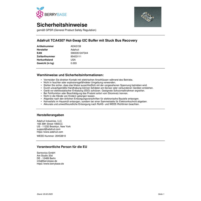 TCA4307 Hot-Swap I2C Buffer with Stucco Bus Recovery - Stemma
