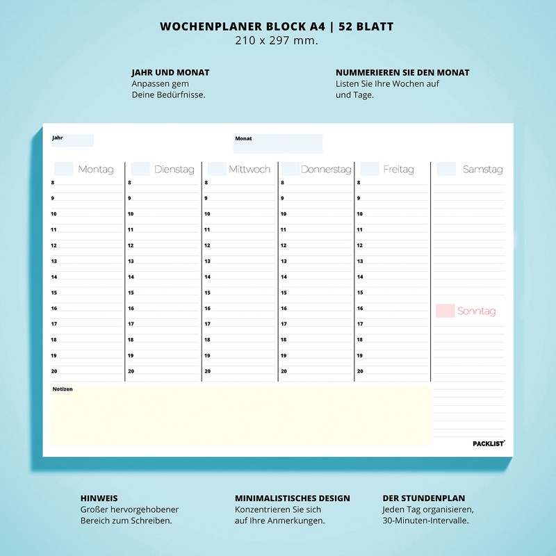 PACKLIST® Weekly Planner Pad A4 without Fixed Date, 52 Week